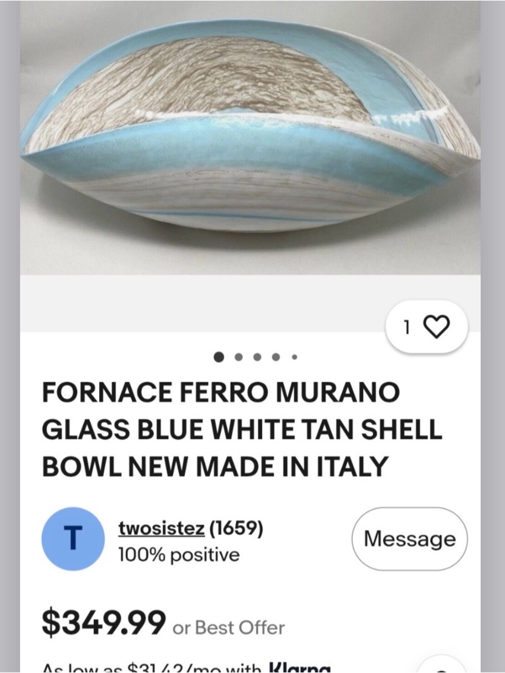 Murano Blue White Tan Glass Shell Bowl